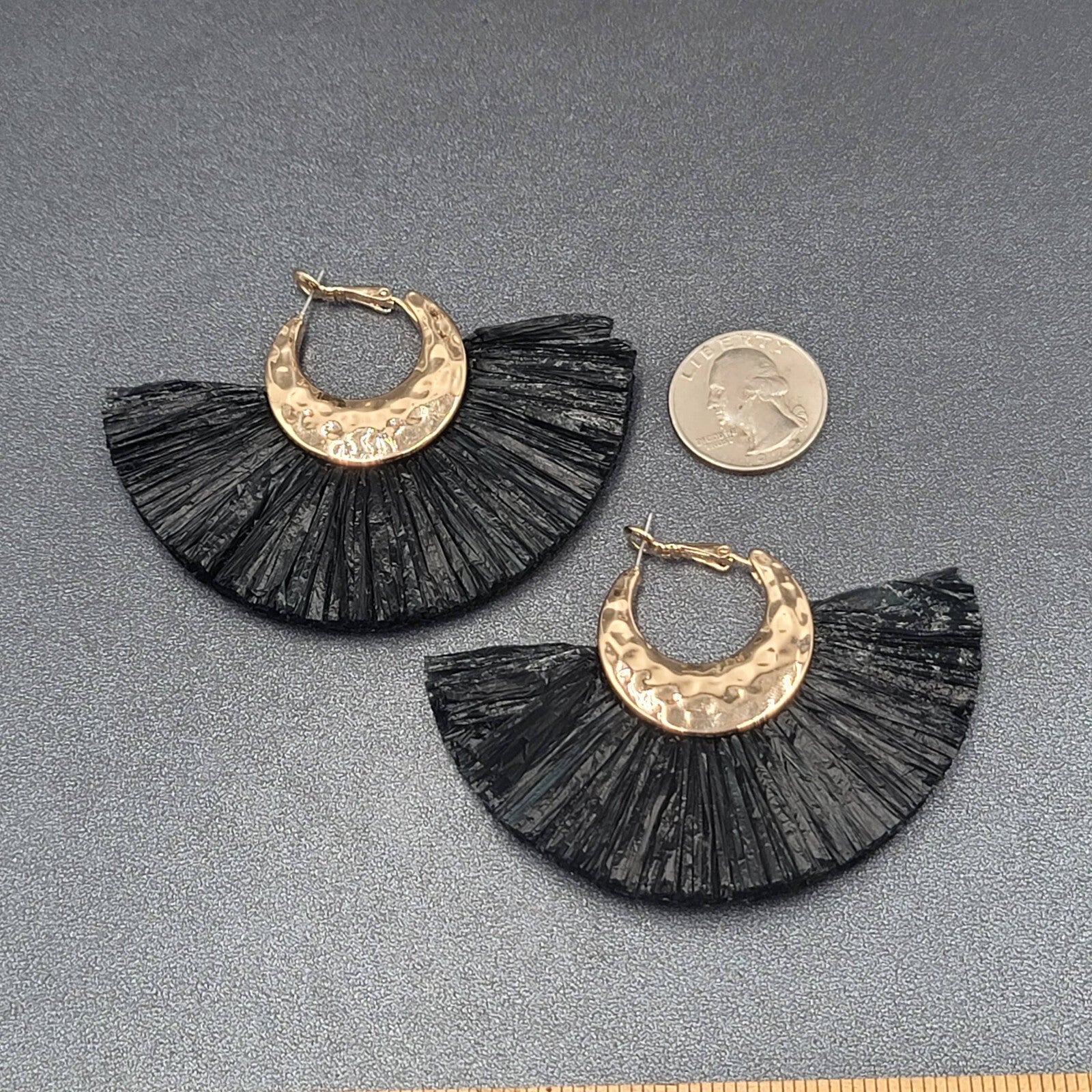 Pierced Earrings Gold tone Black Rattan Tassel Dangle 2.25"x3.25"