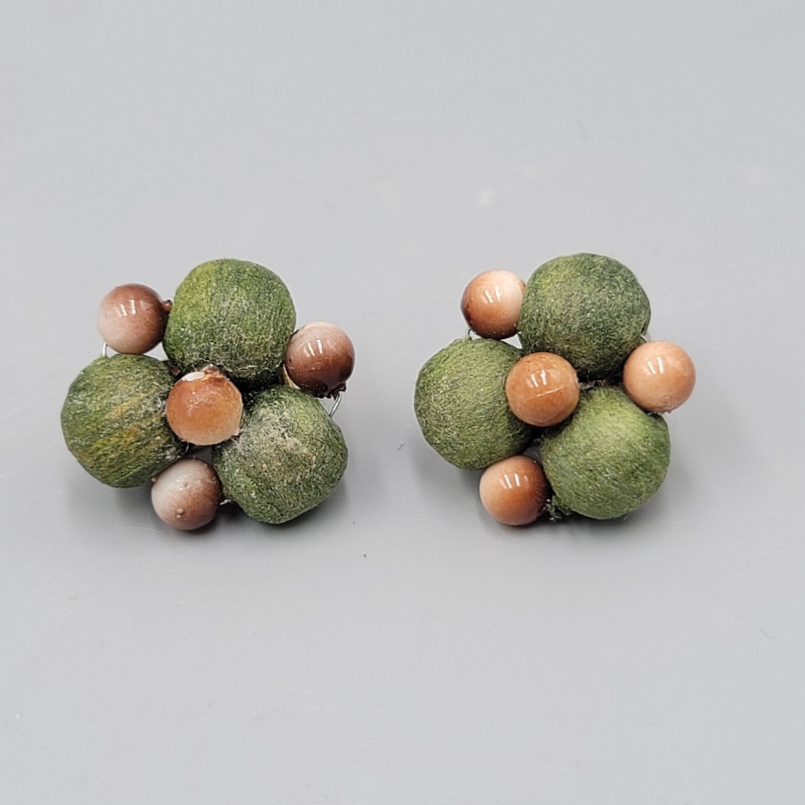 VintageWrapped Green Bead Clip on Earrings Brown Bead 1 in