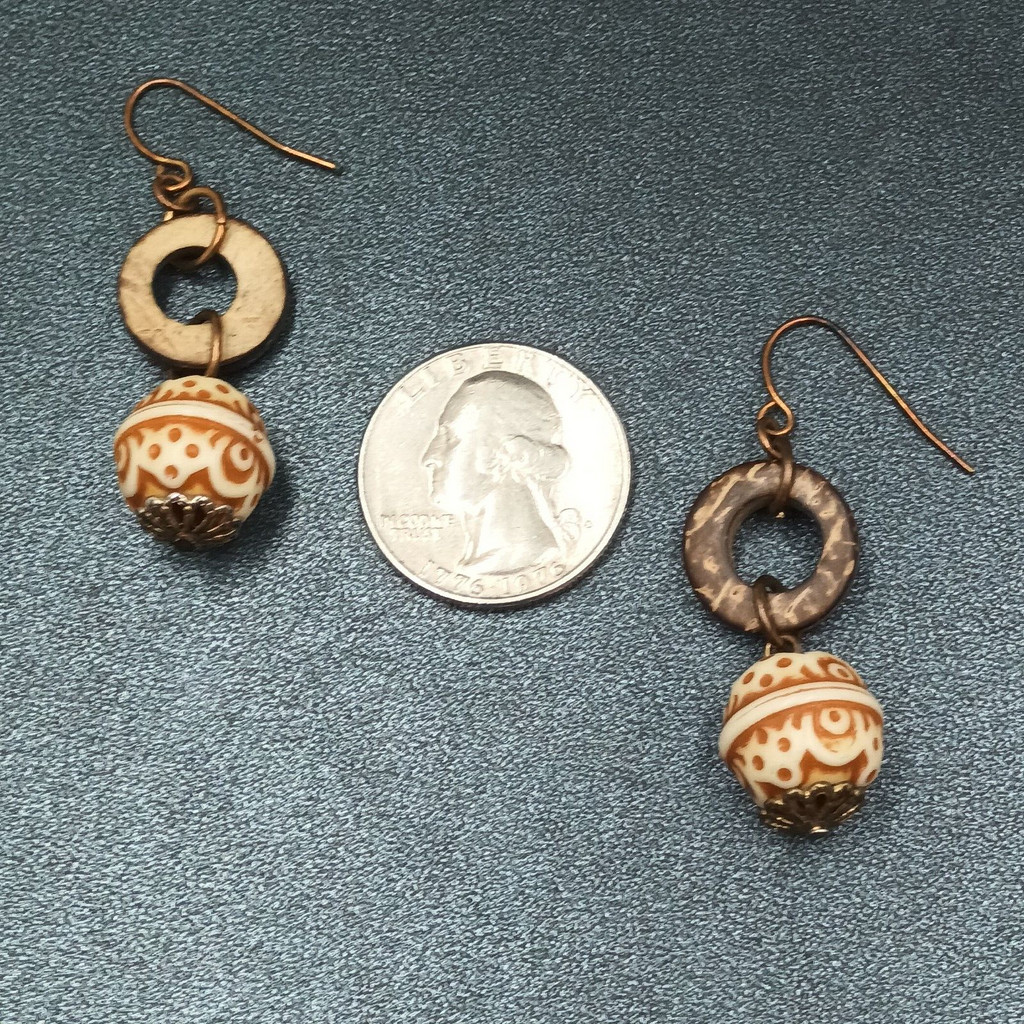 Pierced Earrings Carved Coconut Shell Copper tone Hook Statement Dangle 1 3/8"
