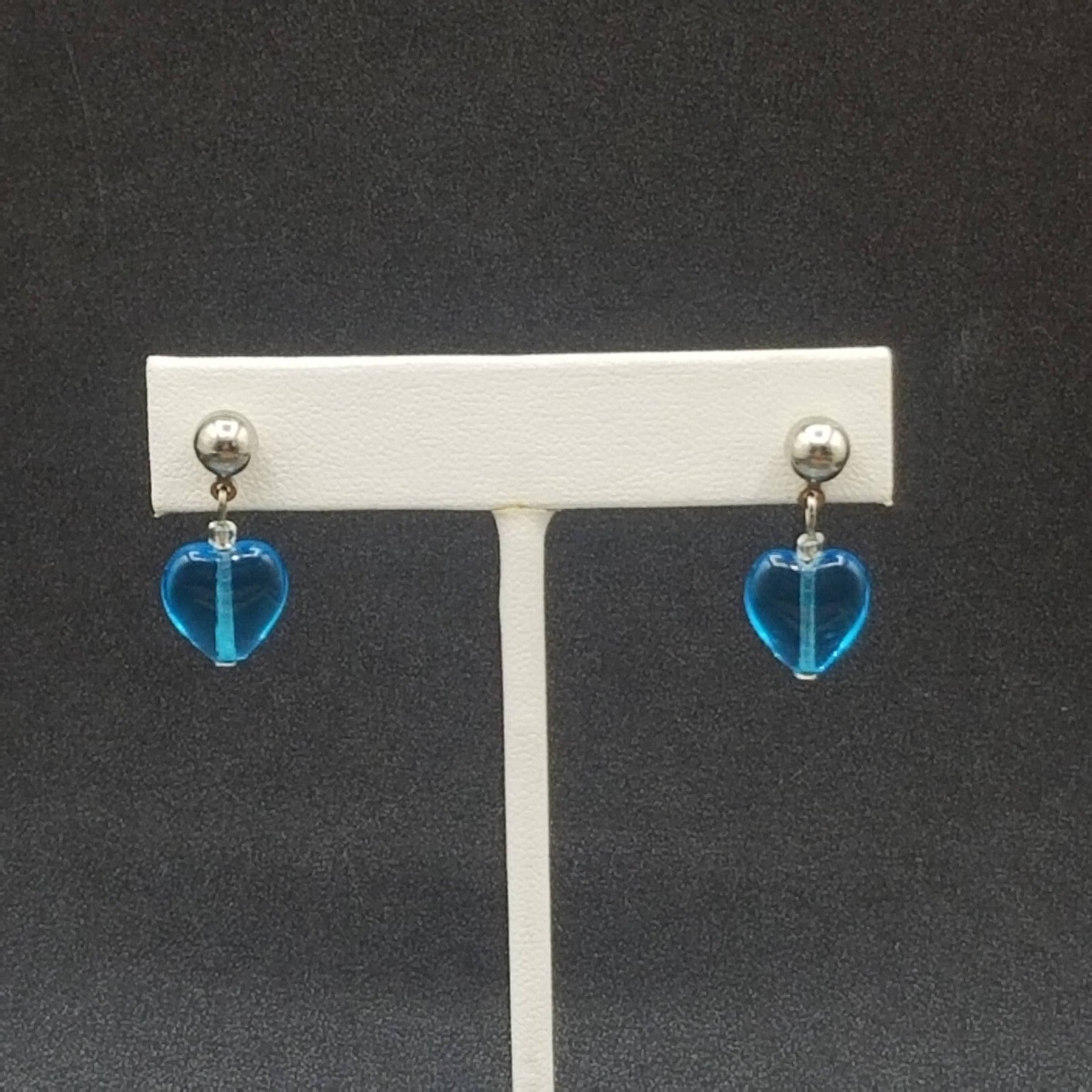Pierced Earrings Silver tone Blue Crystal Heart Beaded Dangle 1"