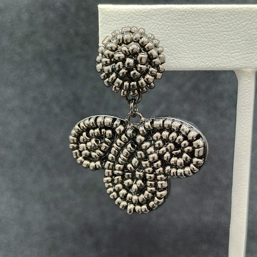 Vintage Pierced Earrings Black Metal Molded Beaded  Dangle 1 5/8"
