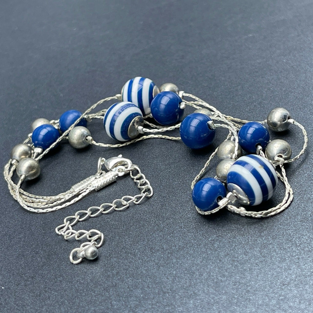 Vintage Silver tone Triple Chain Blue Stripe Bead Station Necklace 15.5" - 17.5"