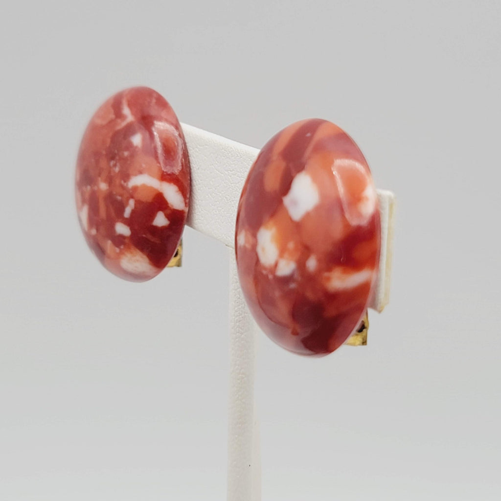 Vintage Confetti Red Round Clip on Earrings Acrylic Drop 1 1/8 in