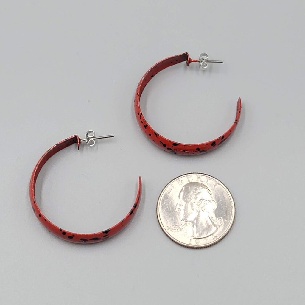 Vintage Red Black Splatter Enamel Hoops Pierced Earrings 1.25"