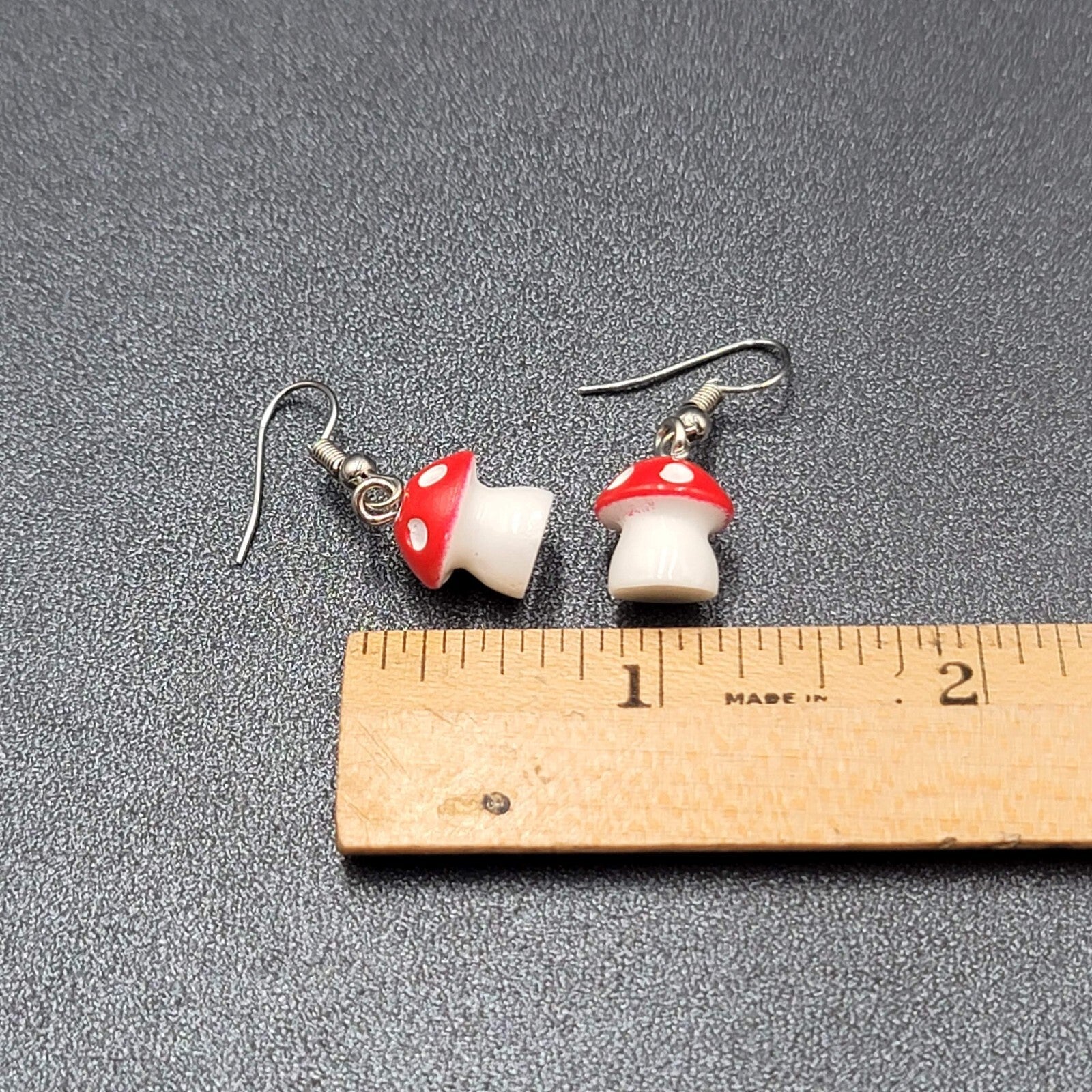 Pierced Earrings Red White Polka Dot Mushroom Dangle Cute 1/2"