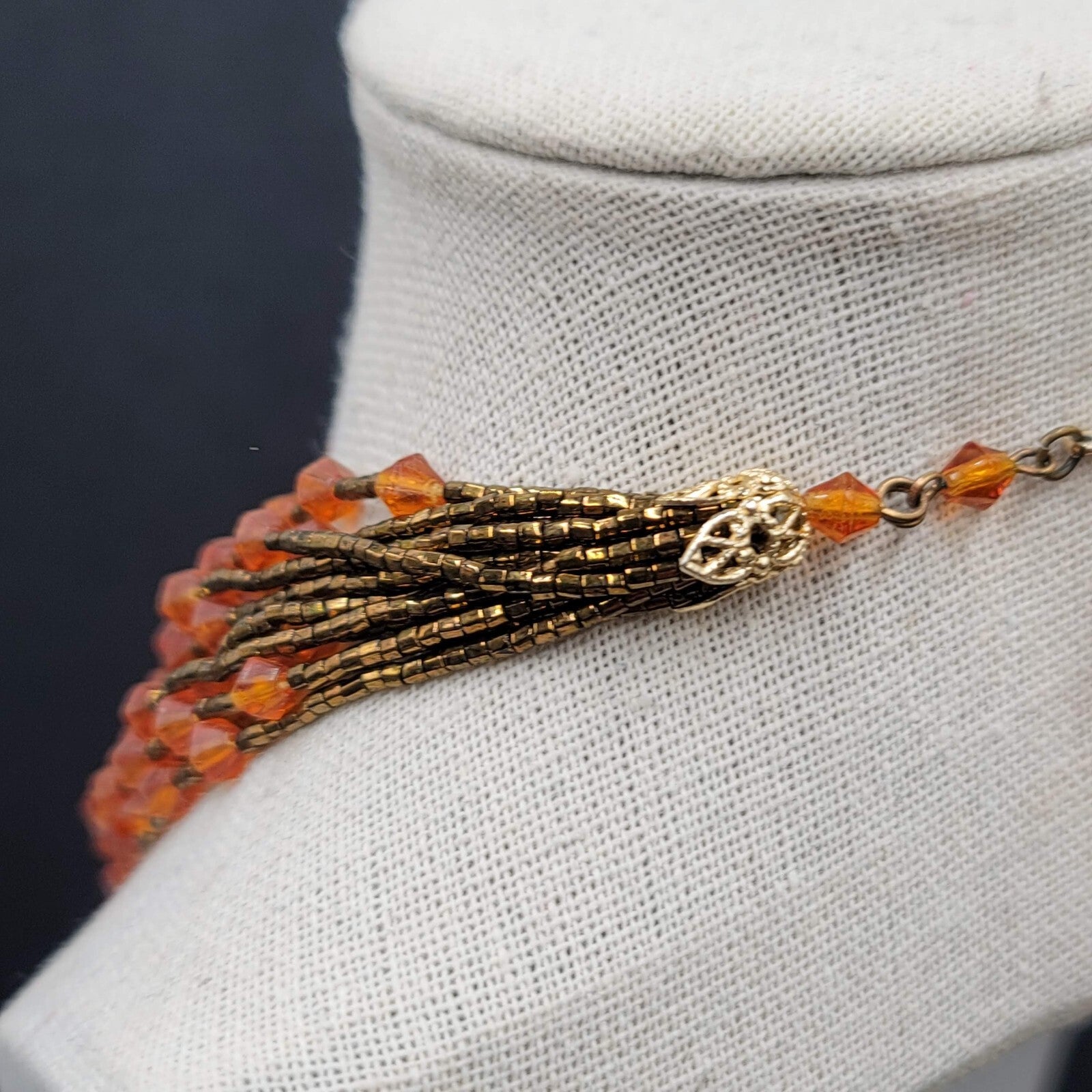 Vtg Japan Orange Glass Beaded Gold Tone Filigree 13 Strand Necklace 13.5"-16"