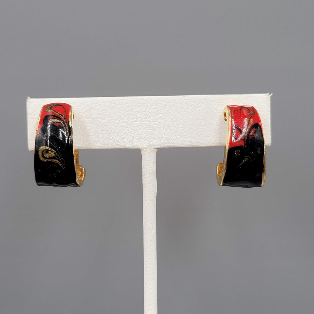 Vintage Clip on Earrings Red Black Enamel Half Hoop Gold tone 3/4"