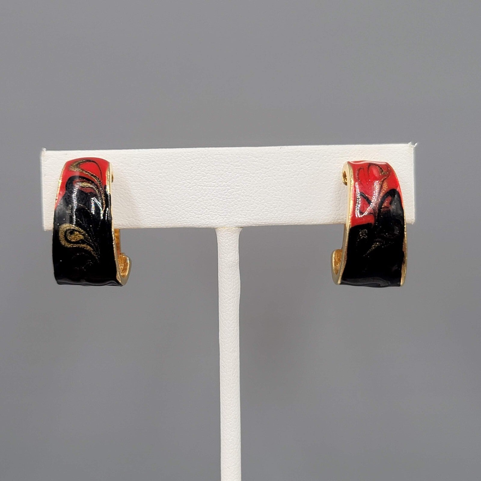 Vintage Clip on Earrings Red Black Enamel Half Hoop Gold tone 3/4"