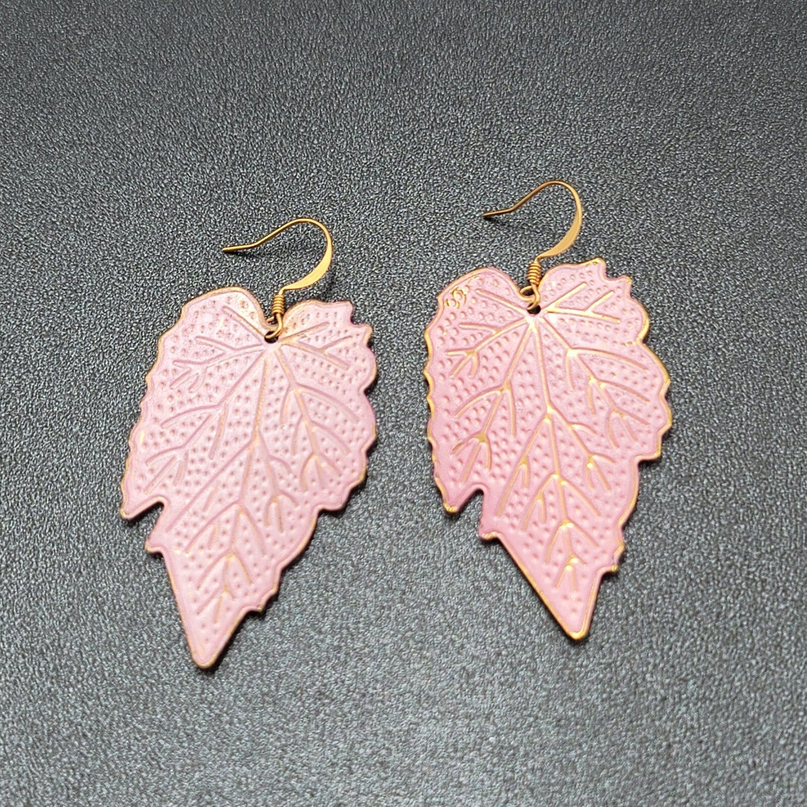 Pierced Earrings Gold tone Pink Enamel Large Statement Dangle Leaves Lightweight