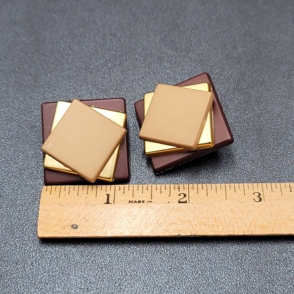 Vintage Clip on Earrings Plastic Layered Squares Brown Tan 1.25"