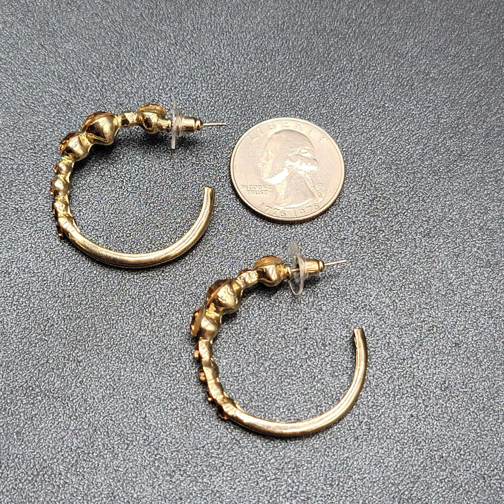 Pierced Earrings Gold tone Yellow Rhinestone Hoops 1.25"