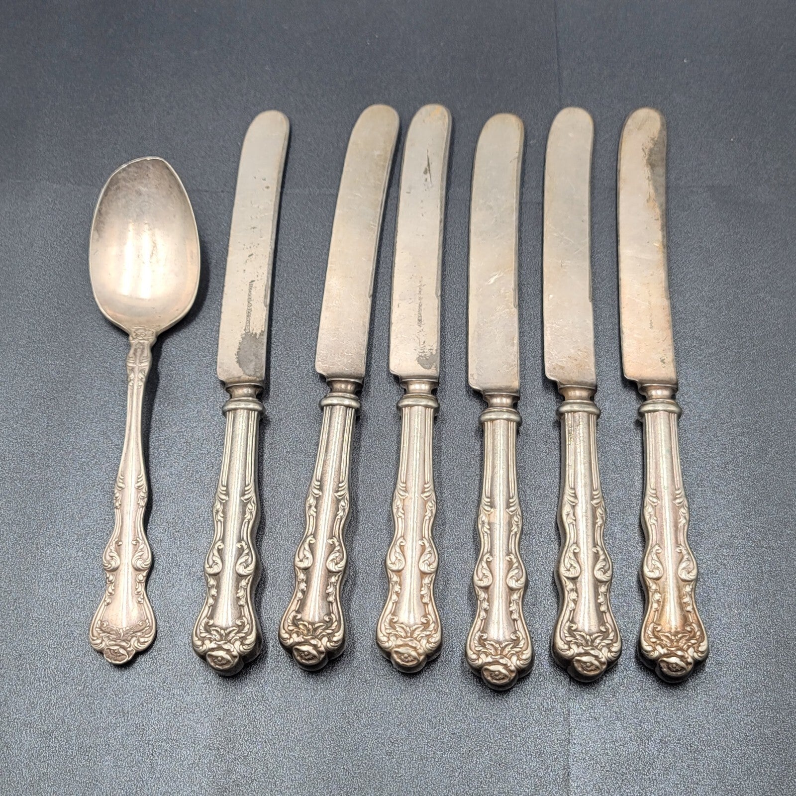 6 Antique Holmes Edwards Dinner Knives Flower 1 Serving Spoon