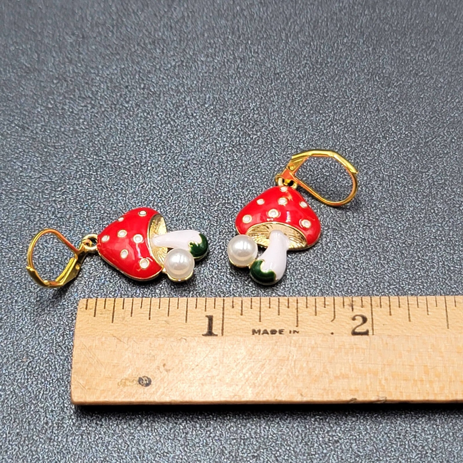 Mushroom Pierced Earrings Faux Pearl Enamel Red White Polka Dot Dangle 3/4"