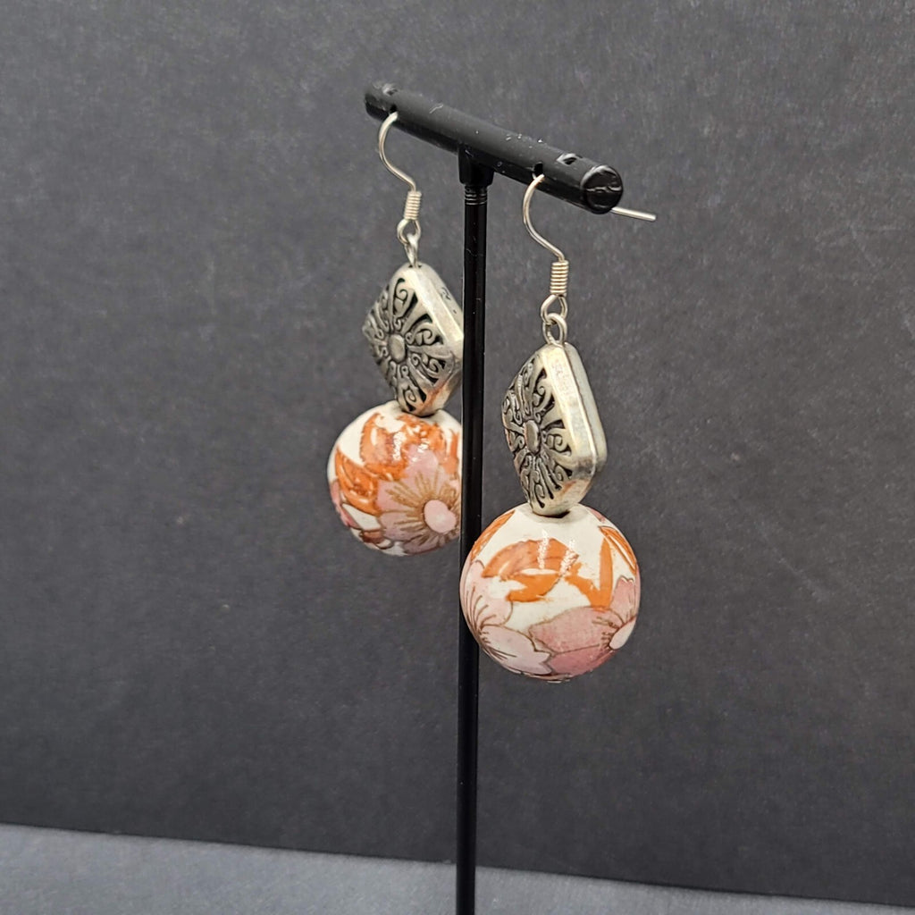 Pierced Earrings Silver tone Hand Painted Floral Pottery Bead  1.5"