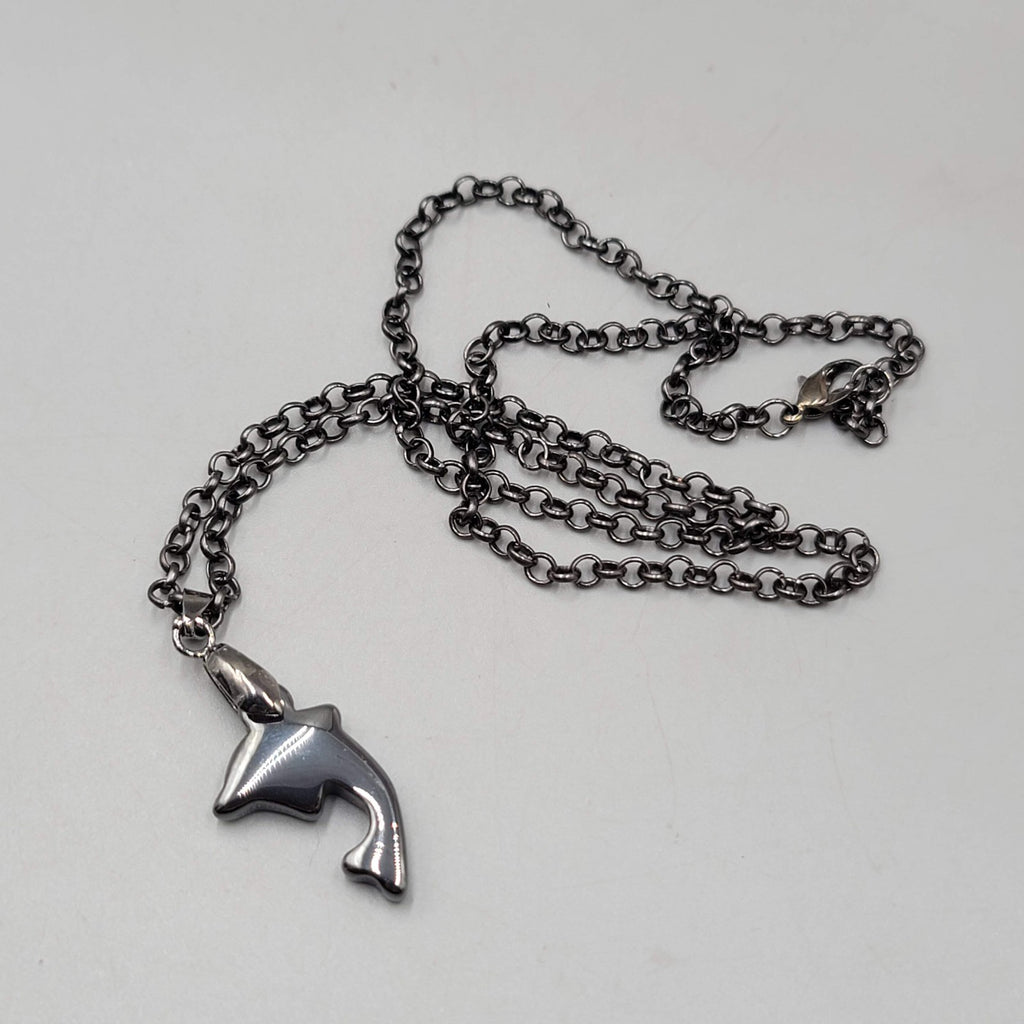 Dolphin Hematite Pendant Necklace Black Rolo Chain 22 in