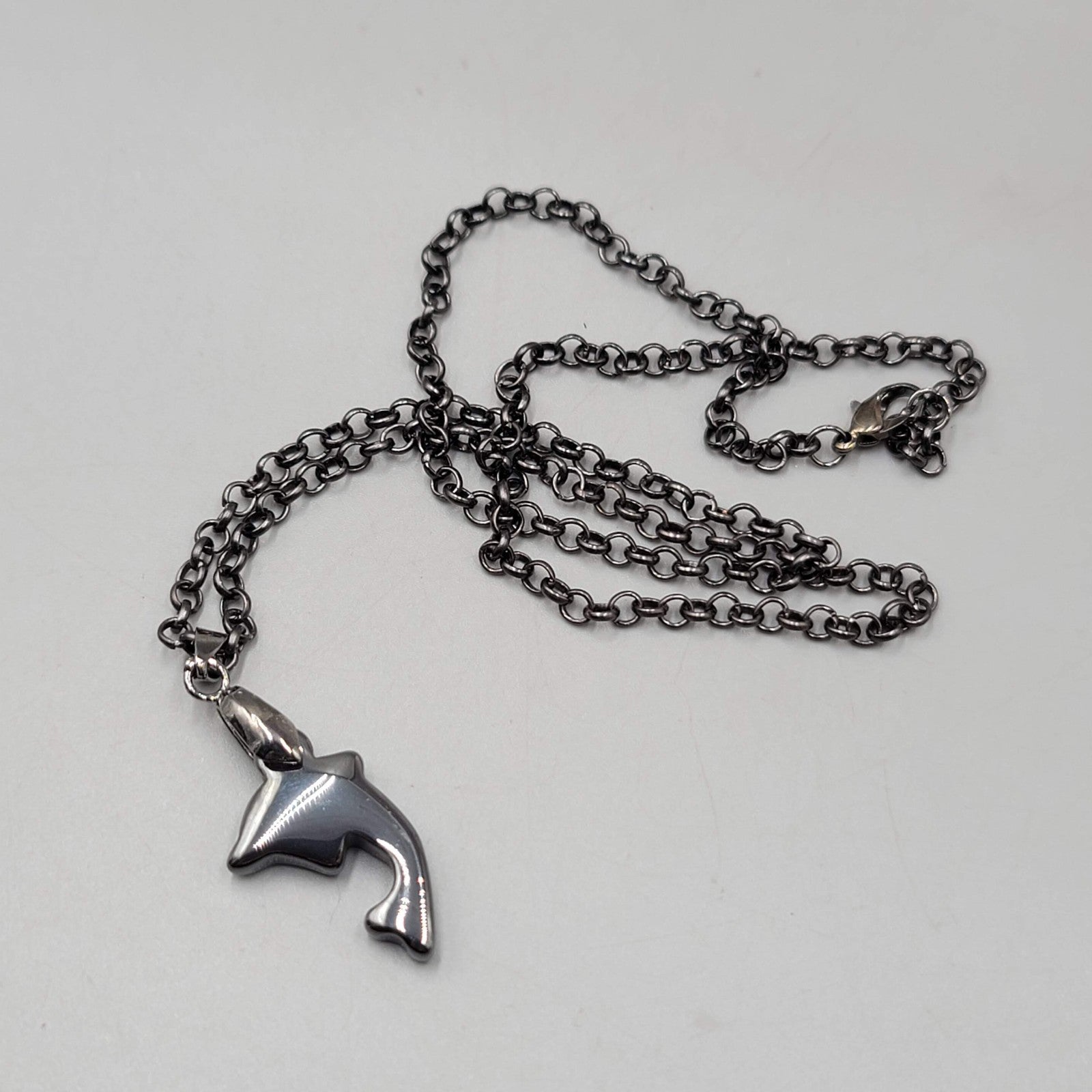 Dolphin Hematite Pendant Necklace Black Rolo Chain 22 in