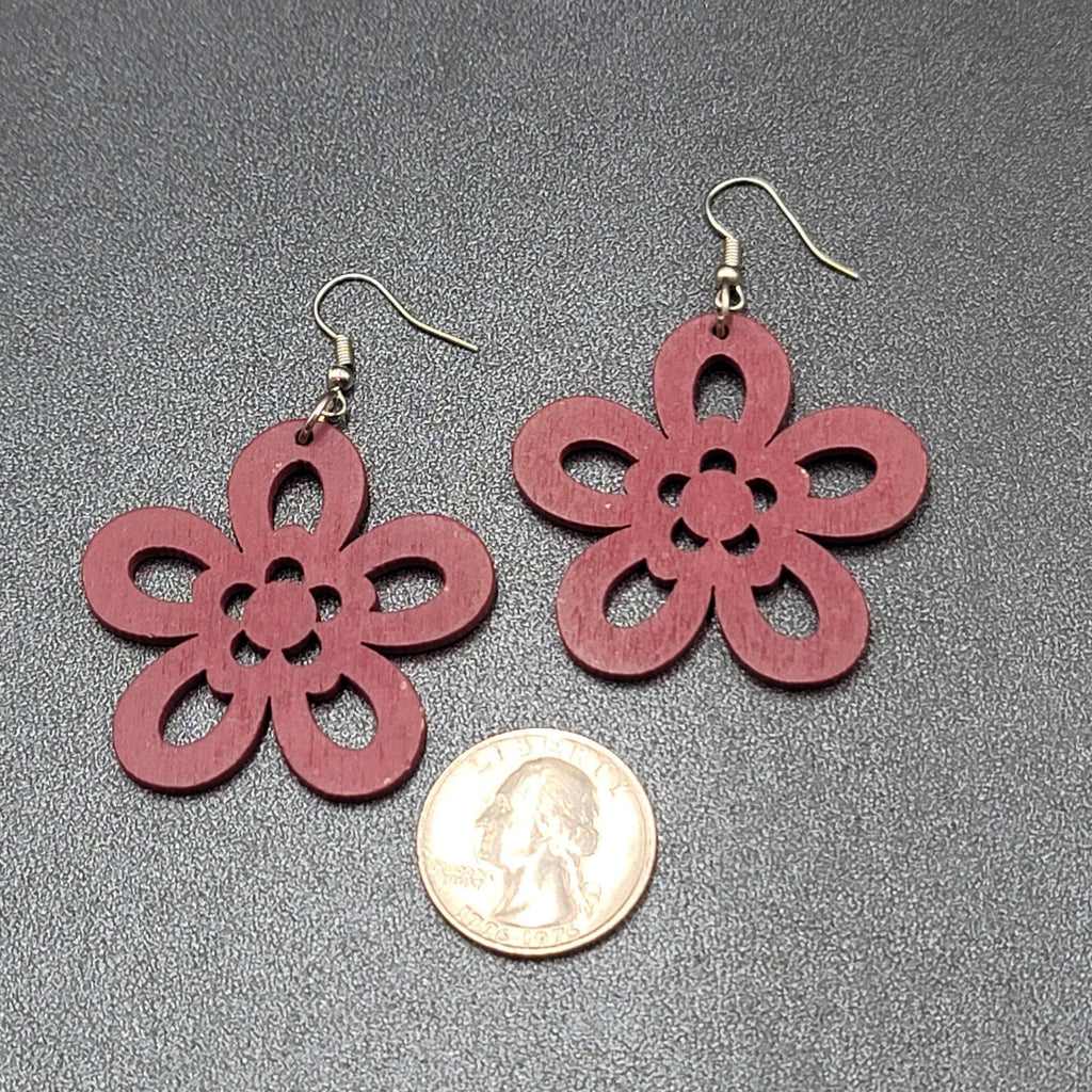 Flower Pierced Earrings Red Burgundy Laser Cut Wood Dangle 1.75"