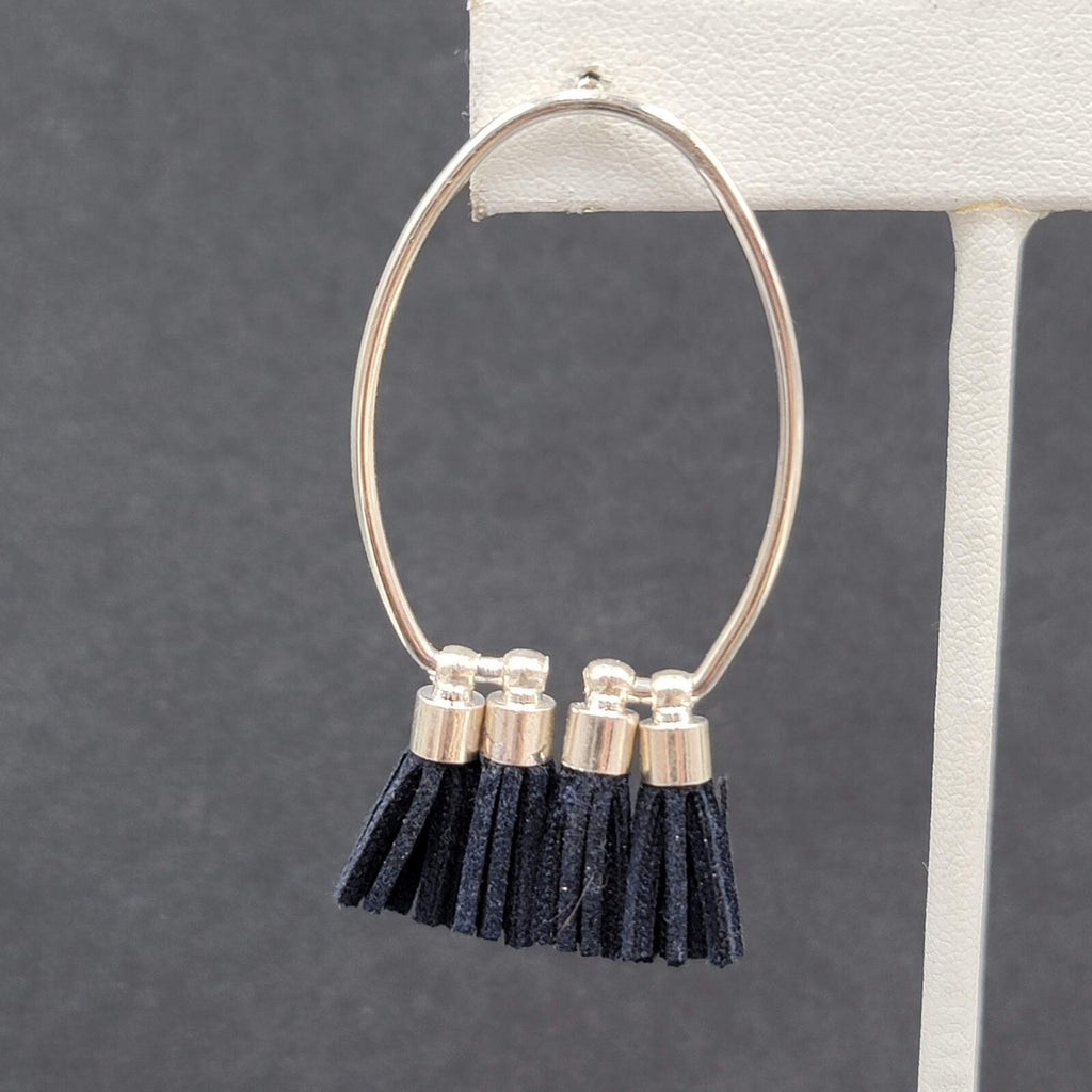 Pierced Earrings Silver tone Open Hoop Black Tassel Drop 2 1/8"