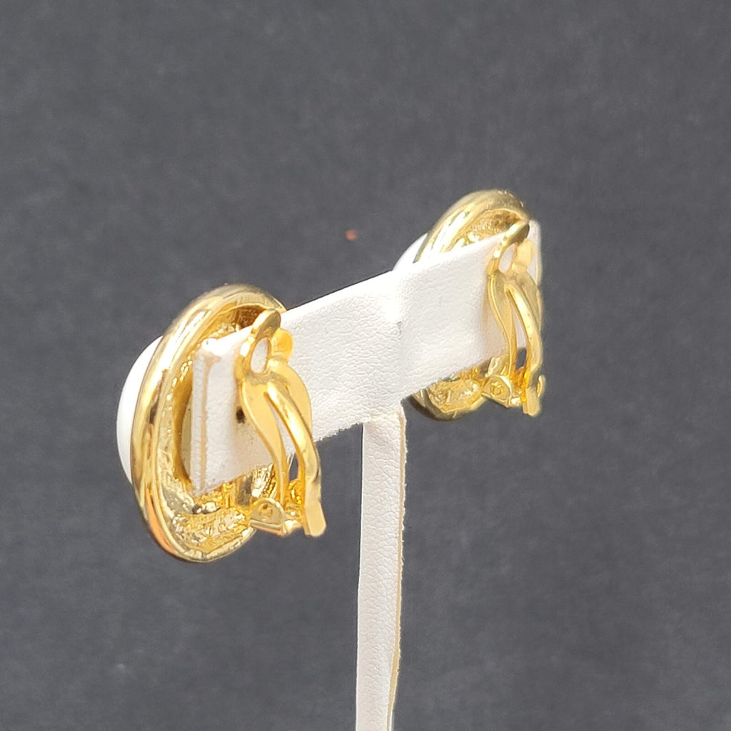 Vintage Clip on Earrings Gold tone White Acrylic Dome Drop Studs 1"
