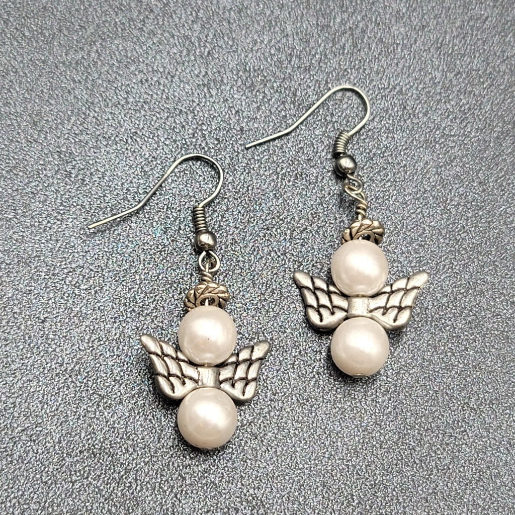 Angel Pierced Earrings Silver tone White Bead Dangle  1"