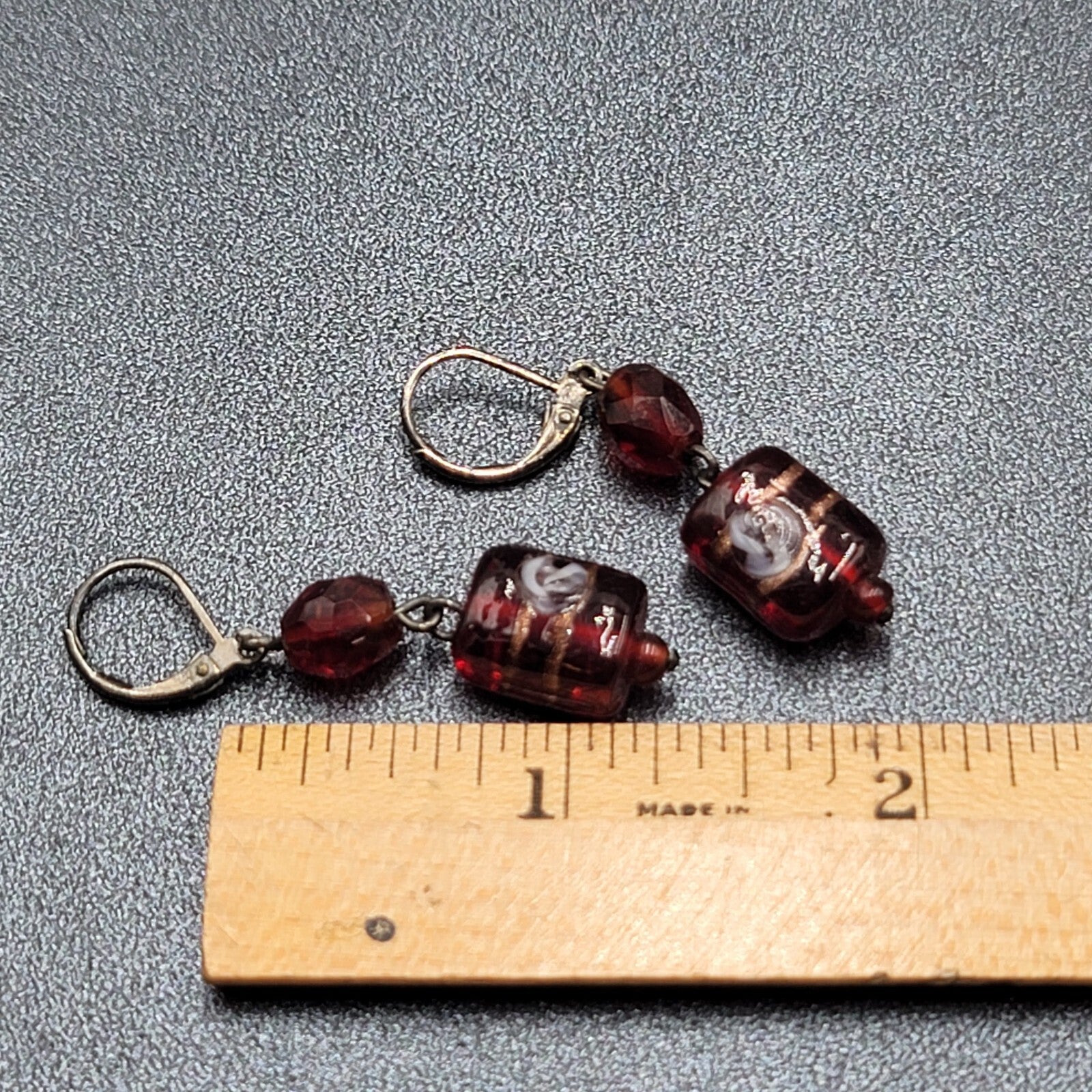 Pierced Earrings Black Metal Red Art Glass Beads 1.25"