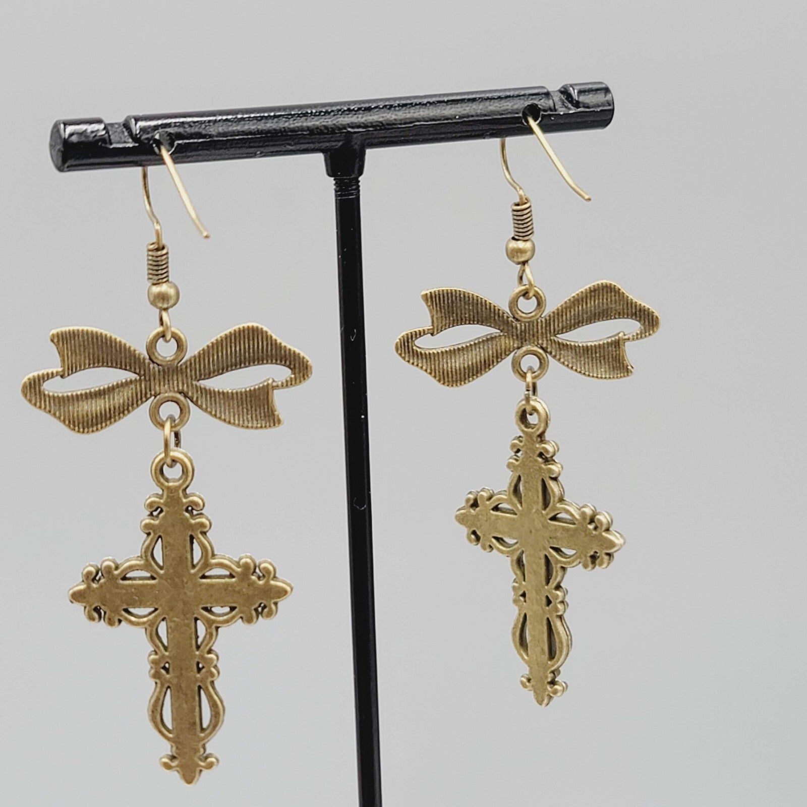 Cross Pierced Earrings Bronze tone Long Bow Dangle New 1.75"