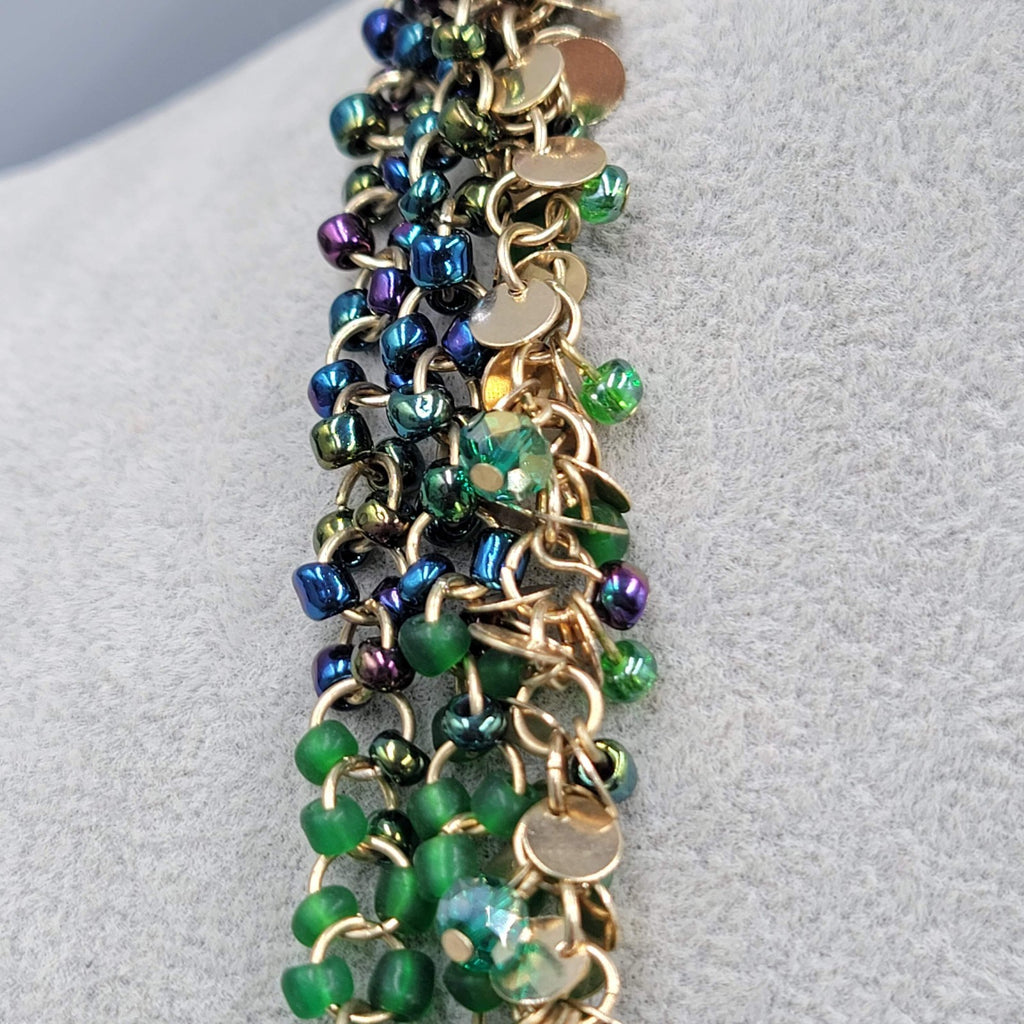 Coldwater Creek Necklace Gold tone Green Glass Beads LONG 36"