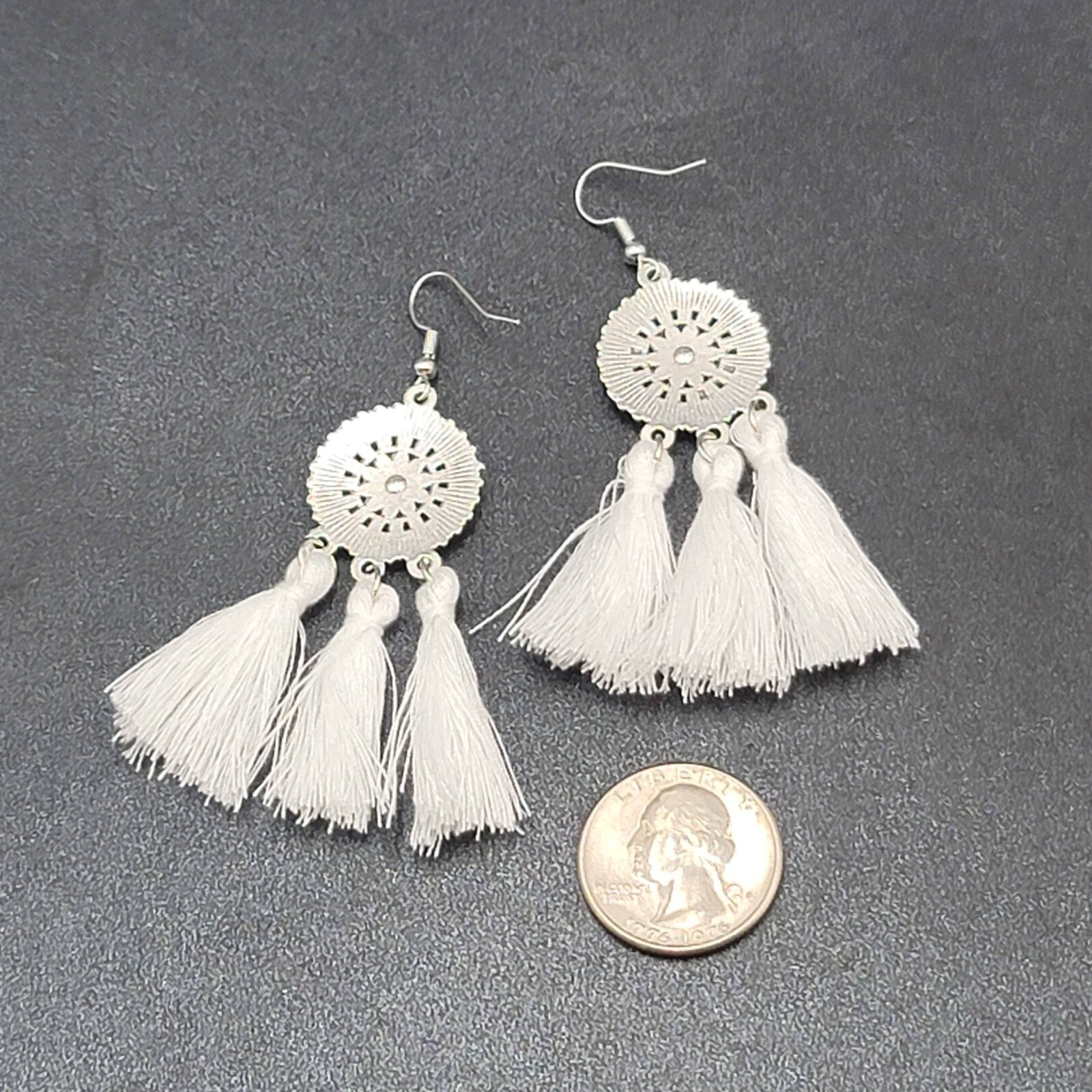 Pierced Earrings Silver tone Enamel Medallion Round Dangle White Tassel 2.5"