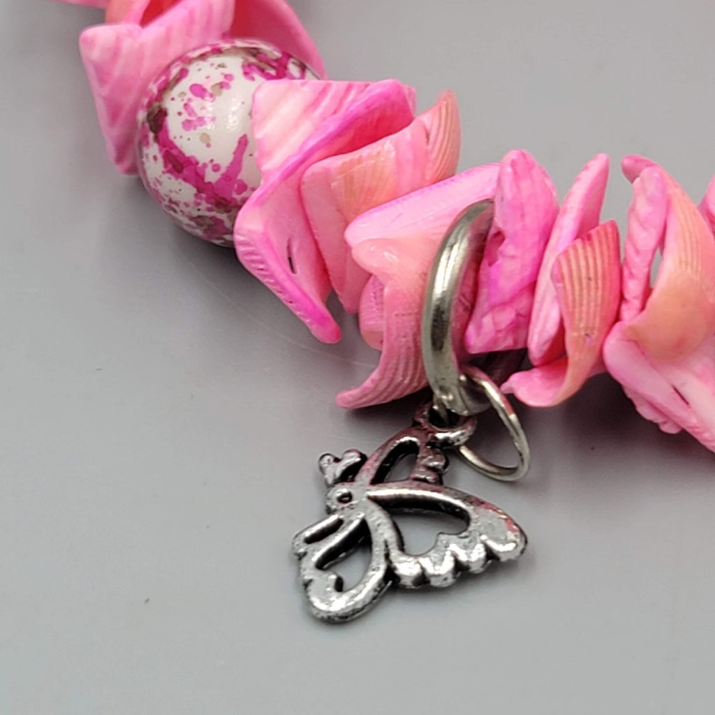 Hot Pink Shell Bracelet Silver tone Charms Elastic Statement 7.5"