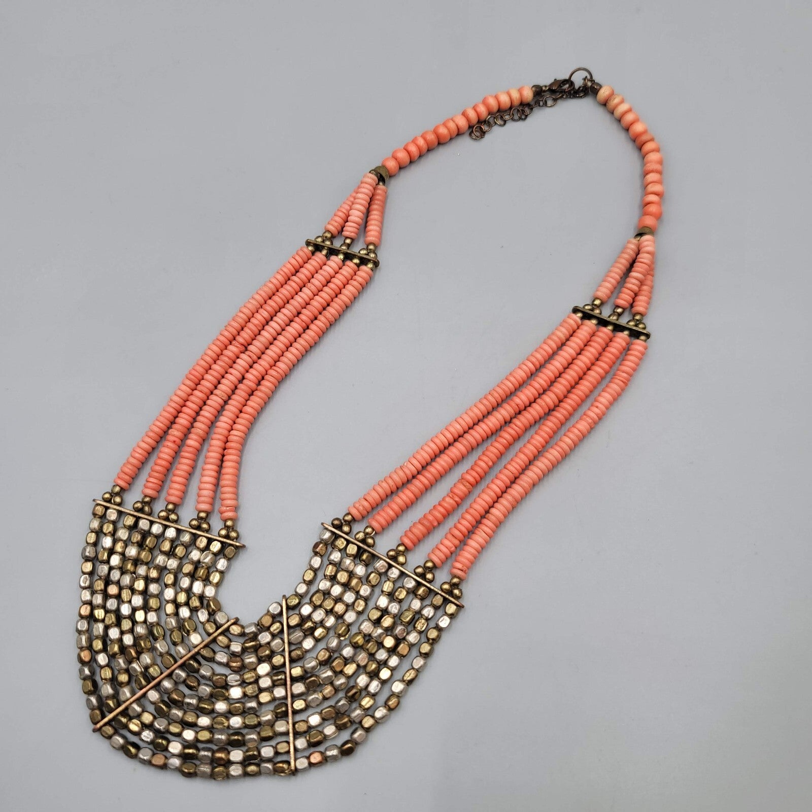 Artisan Faux Coral Bead Bib Boho Necklace Pink Metal Multistrand 20"