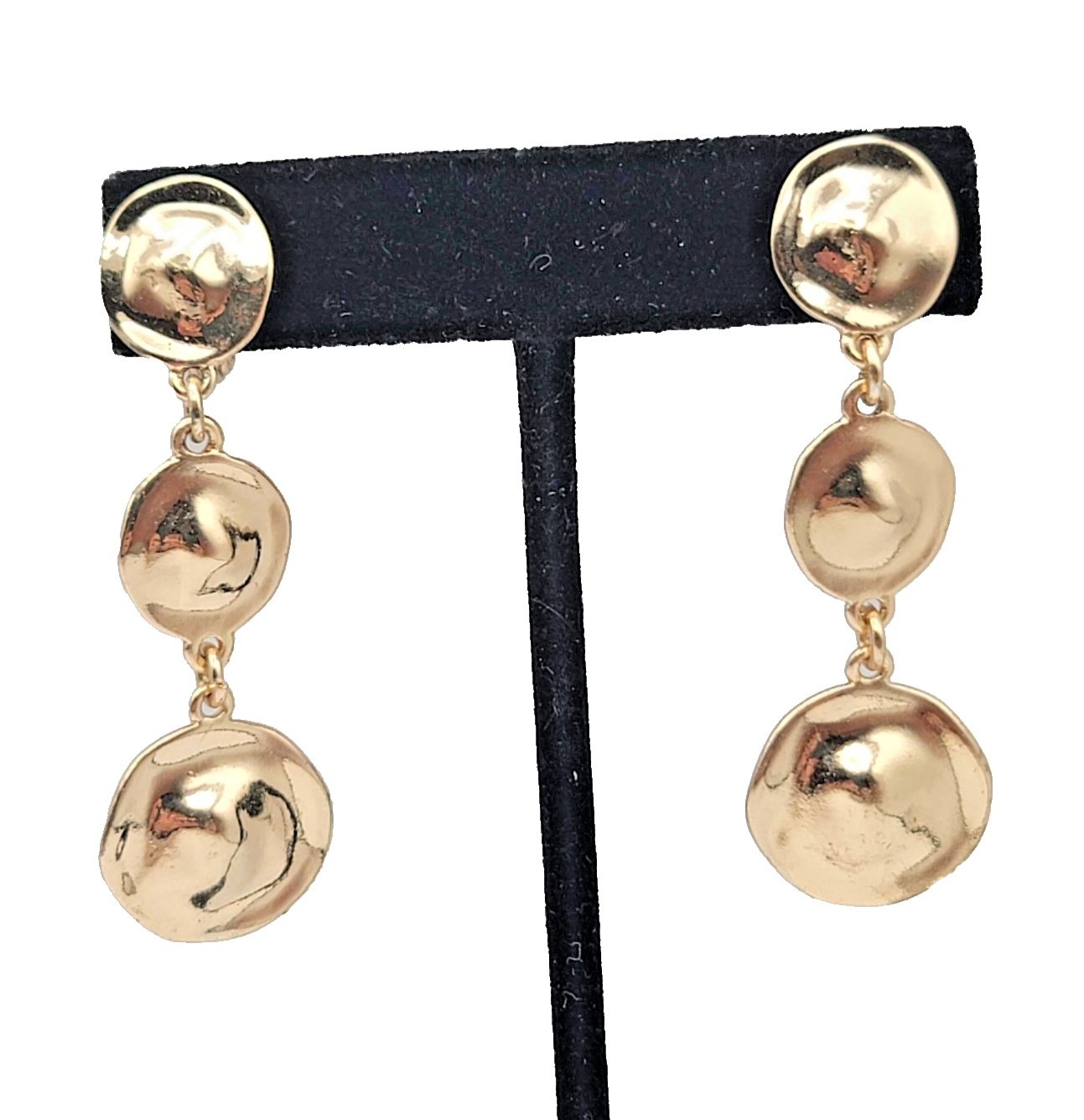 Vintage Triple Round Clip on Earrings Gold tone Dangle Signed 2.25 in