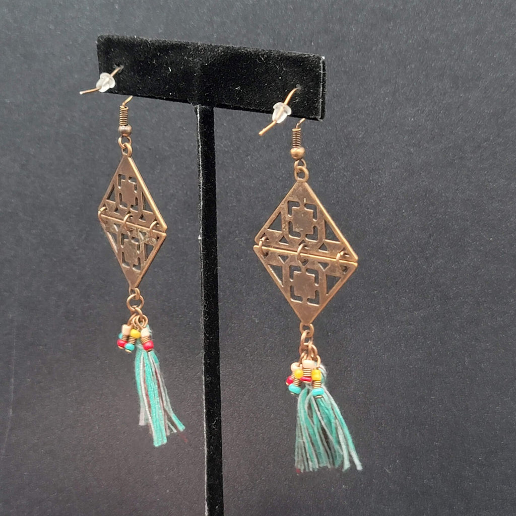 New Boho Pierced Earrings Copper tone Enamel Blue Tassel Long 3"
