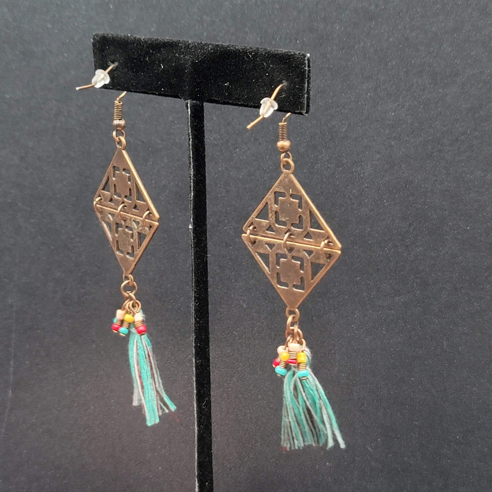 New Boho Pierced Earrings Copper tone Enamel Blue Tassel Long 3"