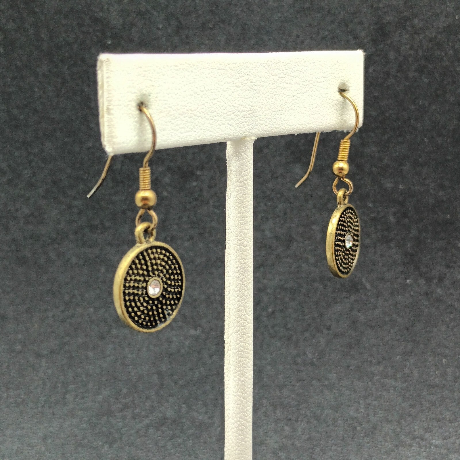 Pierced Earrings Textured Bronze tone Crystal Rhinestone Round Dangle Small 1/2"