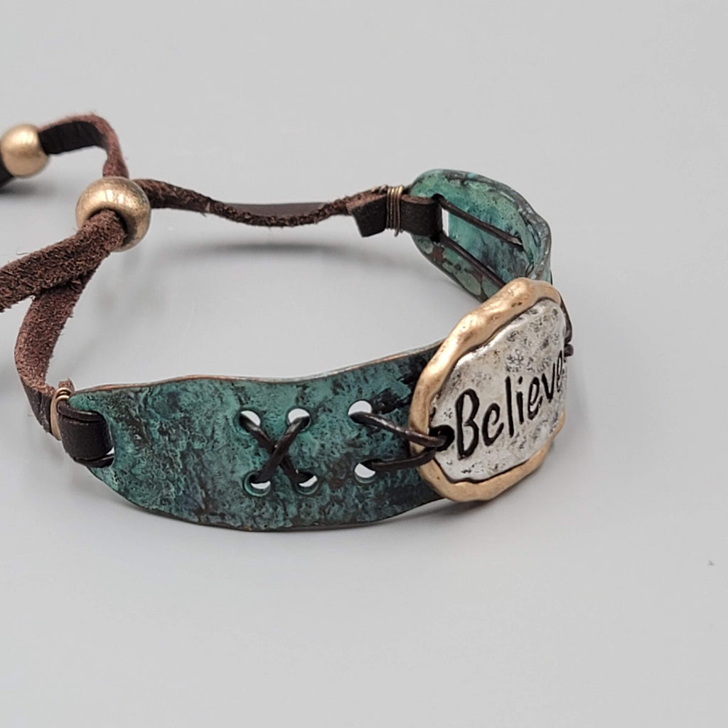 Believe Bracelet Metal and Leather Adjustable Strap Men Women Unisex