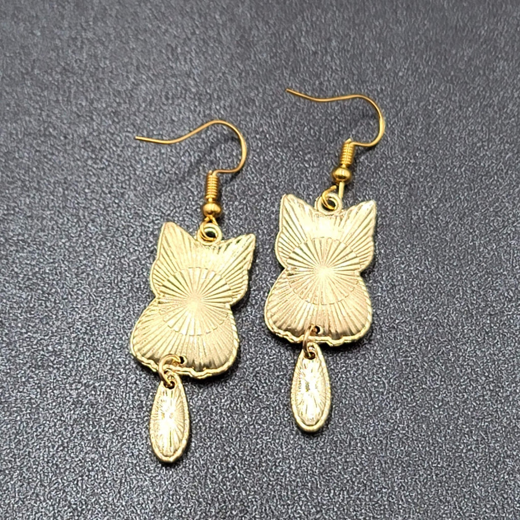 Tabby Kitty Cat Pierced Earrings Gold tone Dangle Tail 1.5"