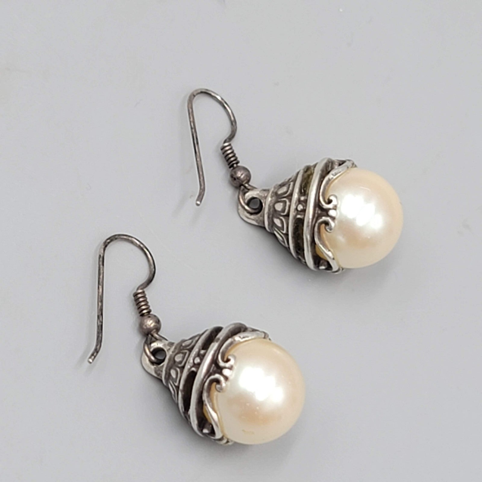 Oxidized Silver tone Faux Pearl Pierced Earrings Dangle 7/8"
