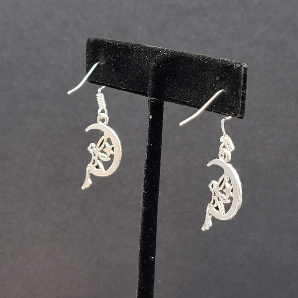 Fairy Moon Pierced Earrings Silver tone Dangle  1"