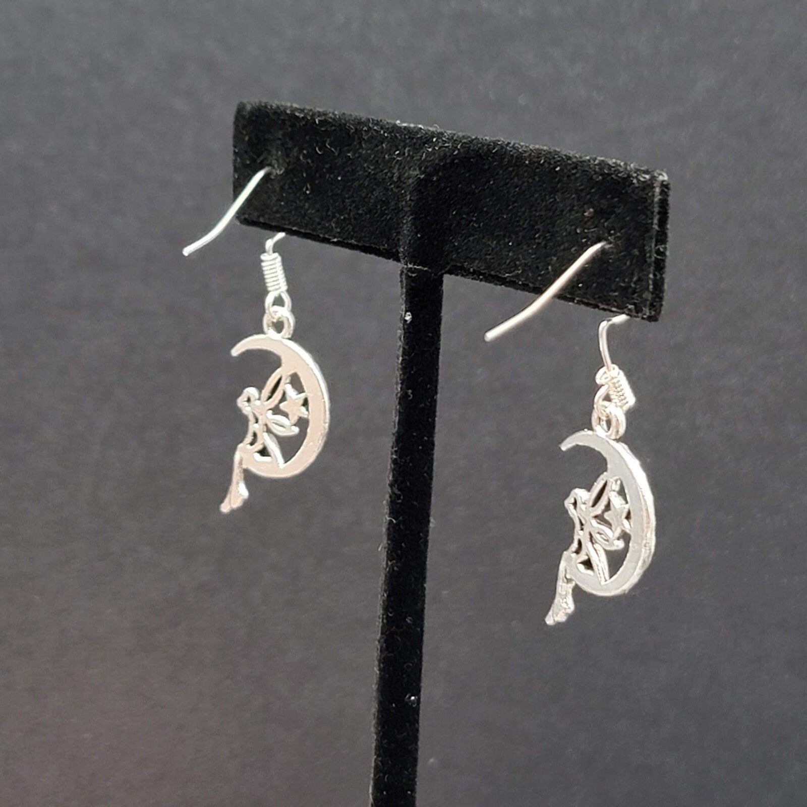 Fairy Moon Pierced Earrings Silver tone Dangle  1"