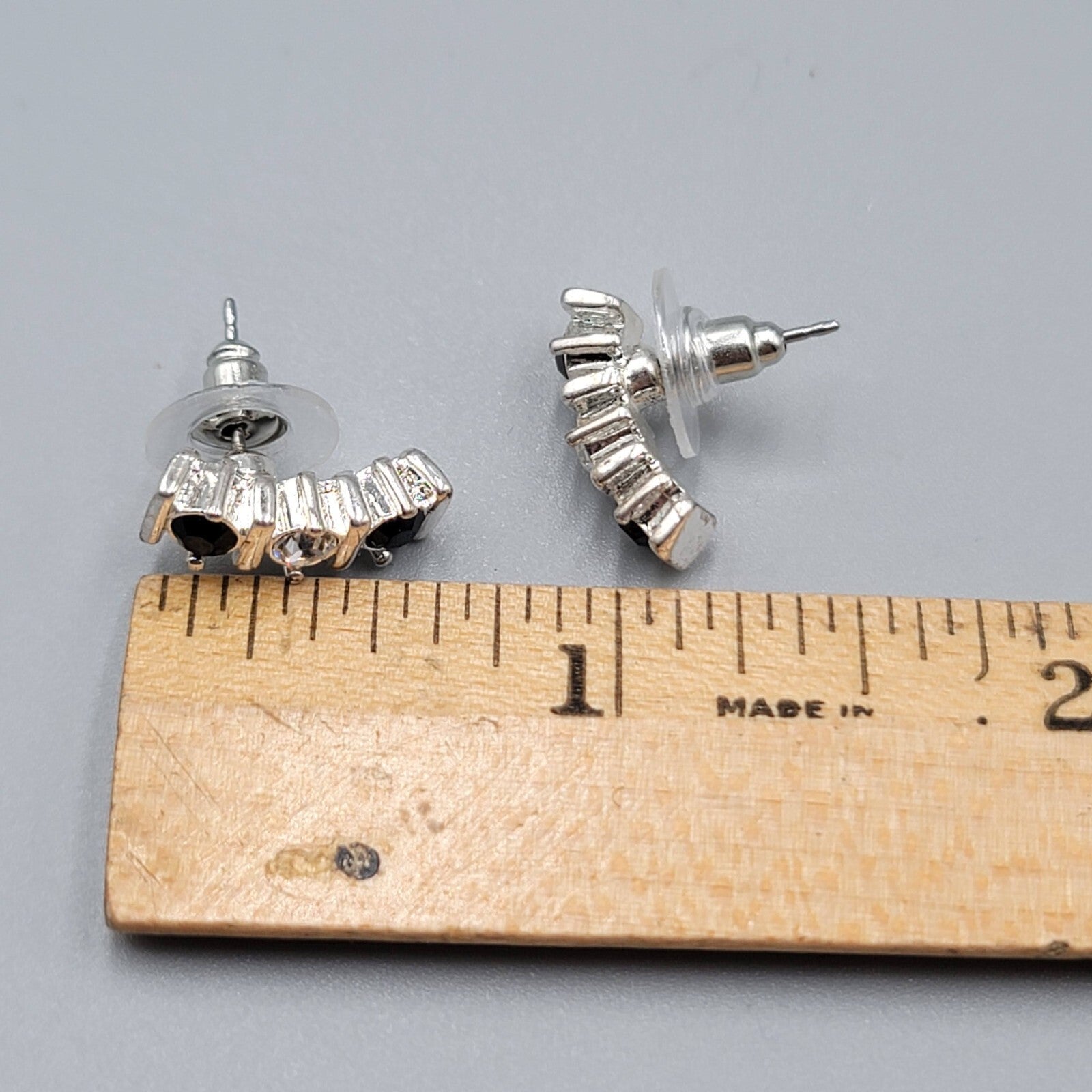 Pierced Earrings Silver tone Black Clear Crystal Drop Minimalist 5/8" 