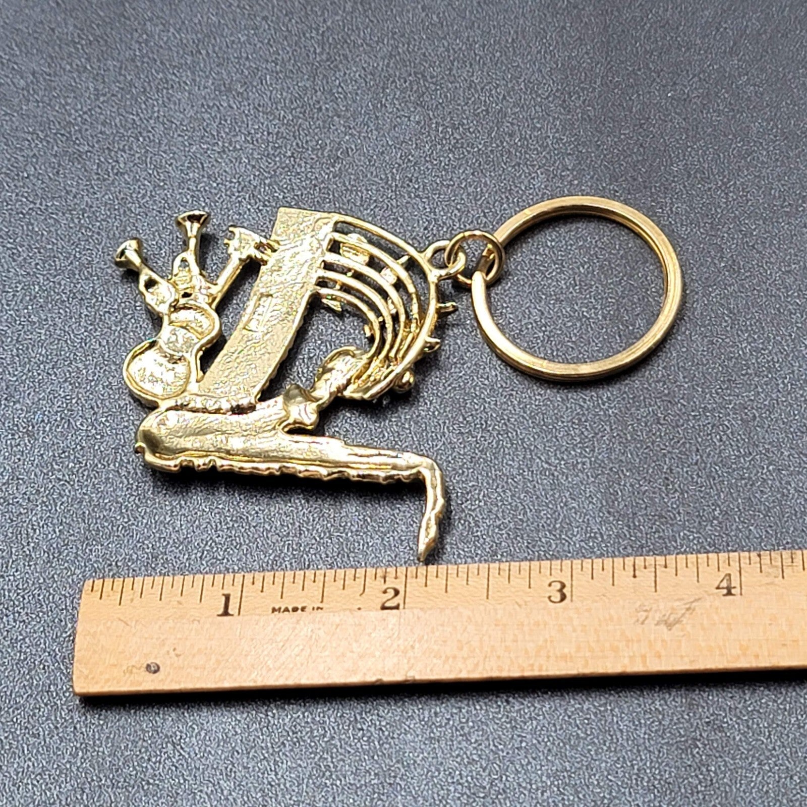 Vintage AJC Keychain Fob Music Sax Guitar Gold tone Piano 3"