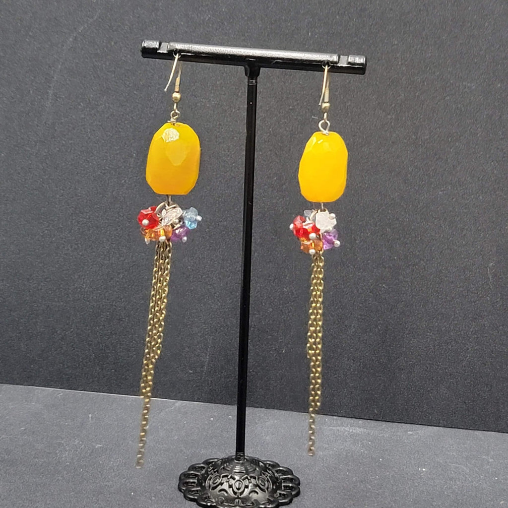 Pierced Earrings Multicolor Quartz Bead Statement Dangle Chains 3.75"