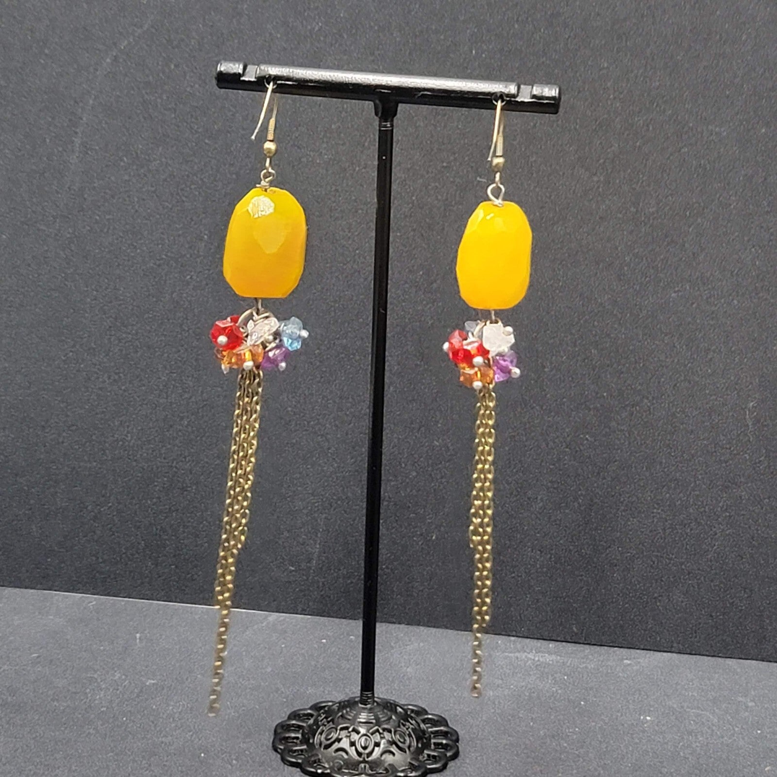 Pierced Earrings Multicolor Quartz Bead Statement Dangle Chains 3.75"