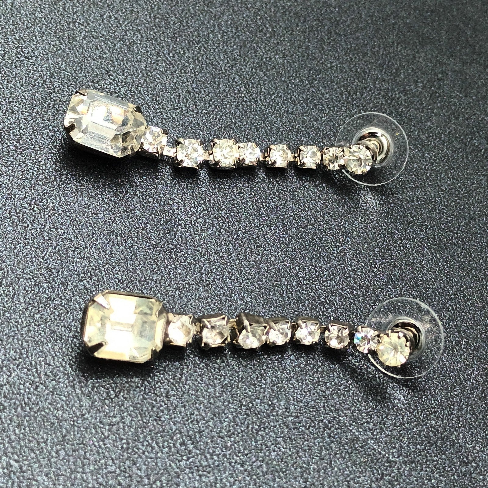 Pierced Earrings Silver tone Rhinestone Retro Dangle 1 3/4"