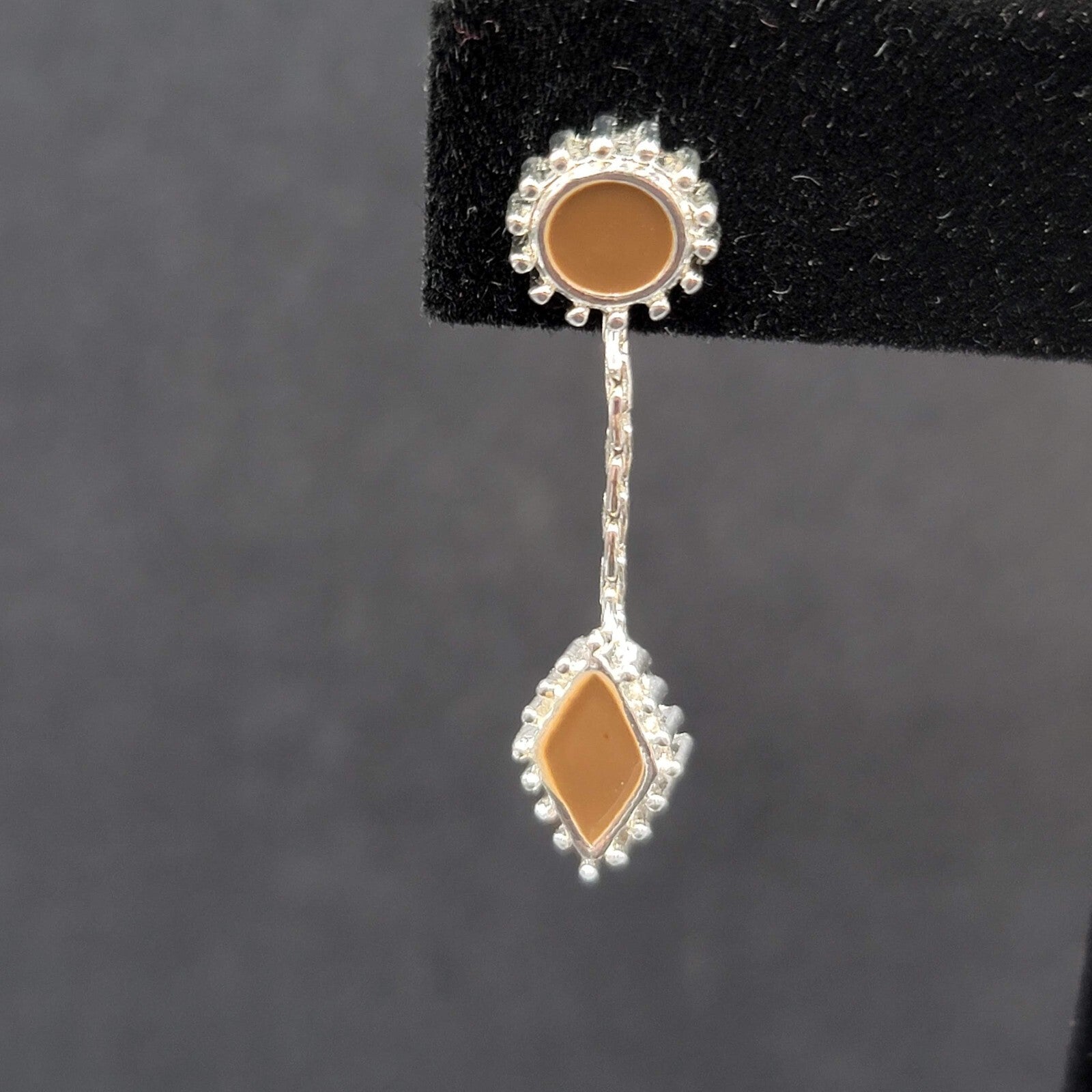 Pierced Earrings Silver tone Brown Enamel Dangle Unique Design  1.25"