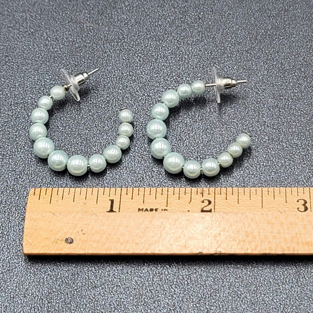 Vintage Pierced Earrings Baby Blue Graduated Beaded Hoops 1"
