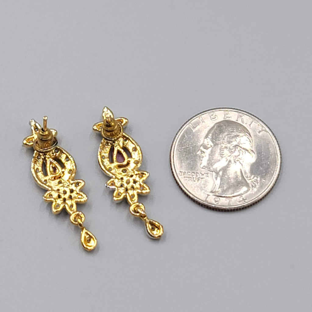 Bollywood Style Pierced Earrings Gold Plated Red Center Stone Dangle 1.25"