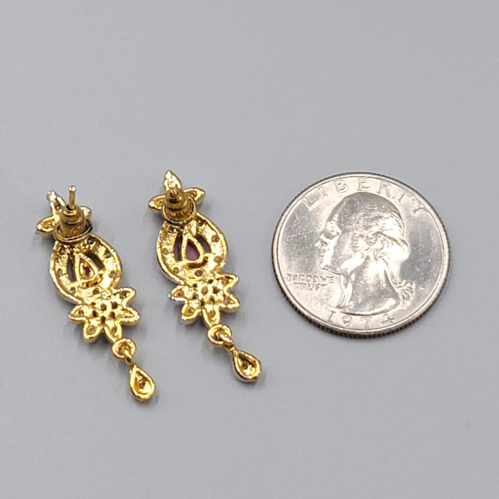 Bollywood Style Pierced Earrings Gold Plated Red Center Stone Dangle 1.25"
