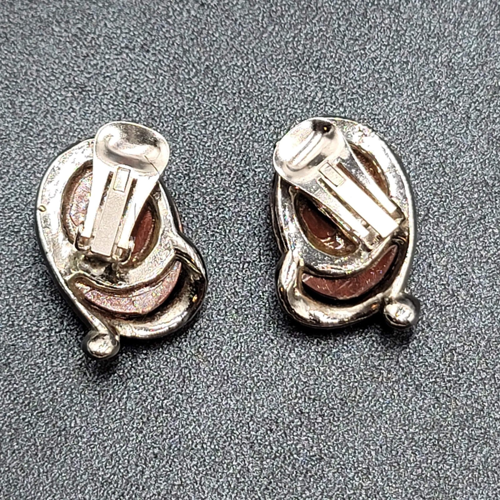 Vintage Clip on Earrings Silver tone Brown Oval Cabochon Acrylic Drop 1 1/8"