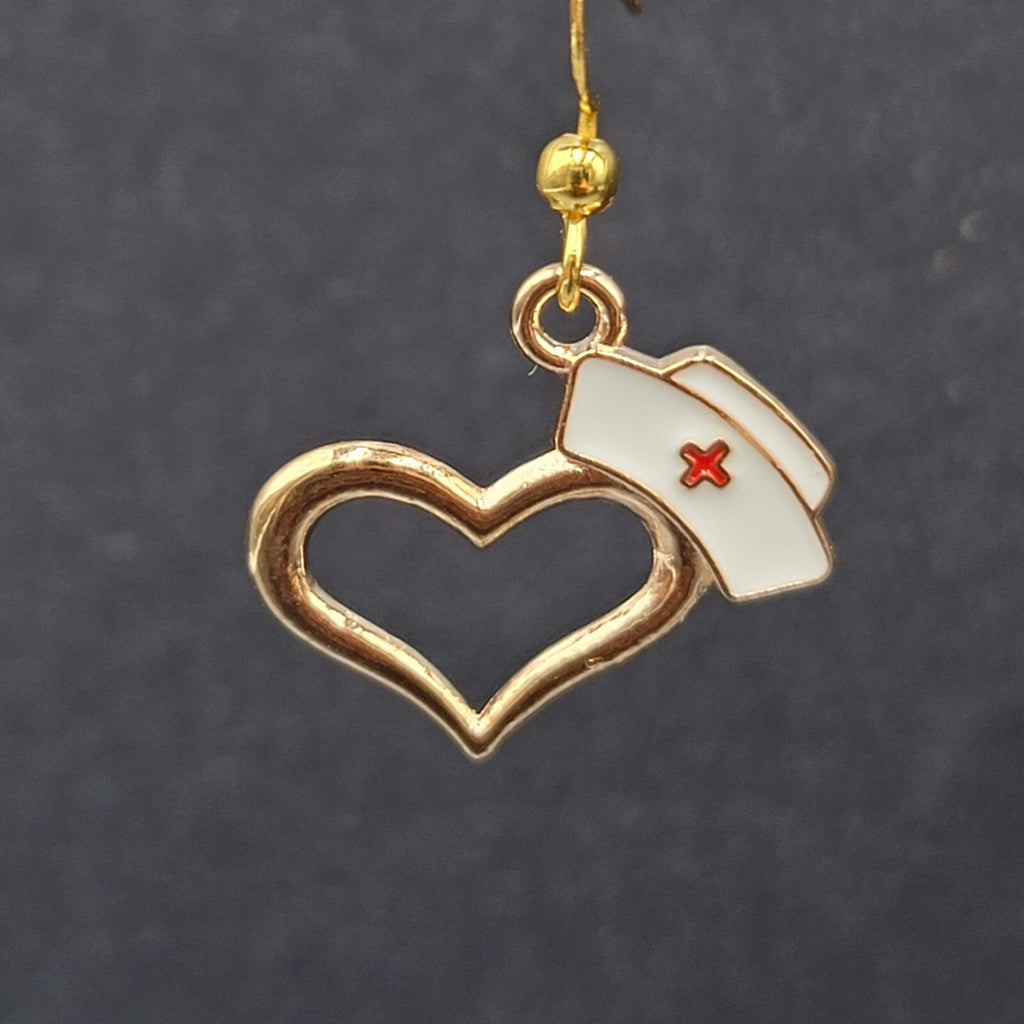 Nurse Heart Pierced Earrings Red White Enamel Gold tone Dangle 3/4"